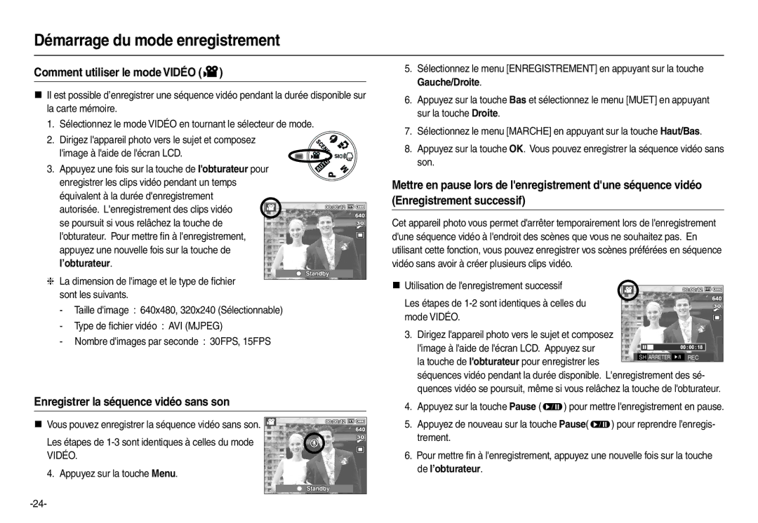 Samsung EC-L100ZBFA/FR Comment utiliser le mode Vidéo, Enregistrer la séquence vidéo sans son, Appuyez sur la touche Menu 