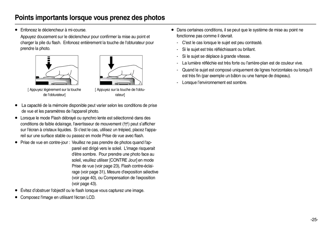 Samsung EC-L100ZUBA/FR manual Points importants lorsque vous prenez des photos, Lorsque l’environnement est sombre 