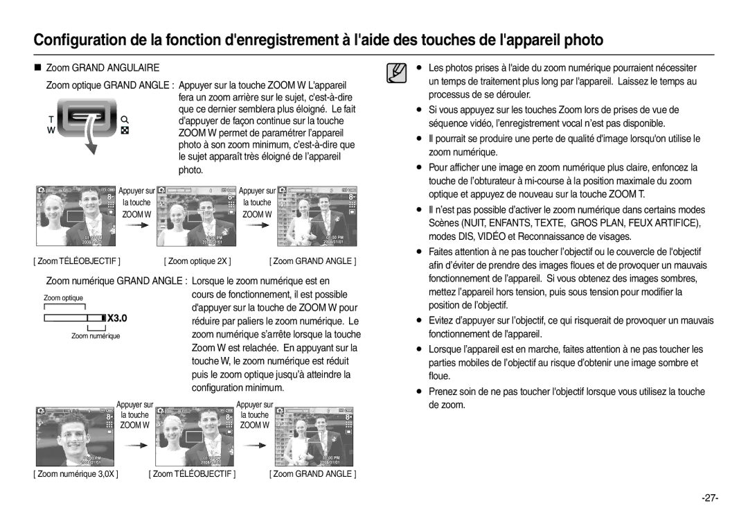 Samsung EC-L100ZSDA/E3 Processus de se dérouler, Zoom numérique, Optique et appuyez de nouveau sur la touche Zoom T, ﬂoue 