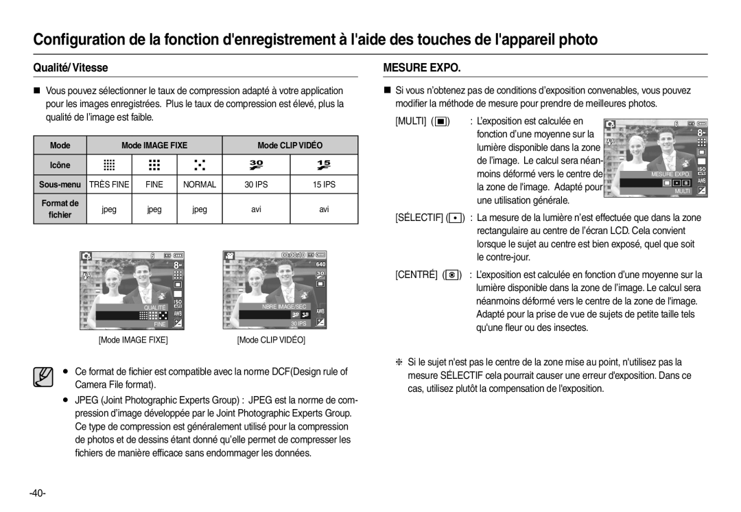 Samsung EC-L100ZSFA/FR, EC-L100ZUDA/E3, EC-L100ZBDA/E3, EC-L100ZUBA/E2 manual Qualité/ Vitesse, Mesure Expo, Mode Clip Vidéo 