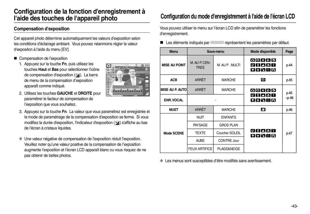 Samsung EC-L100ZBBA/FR manual Compensation dexposition, „ Compensation de l’exposition, Menu Sous-menu Mode disponible 