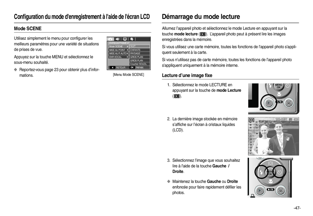 Samsung EC-L100ZSDA/E3, EC-L100ZUDA/E3, EC-L100ZSFA/FR manual Démarrage du mode lecture, Mode Scene, Lecture d’une image ﬁxe 