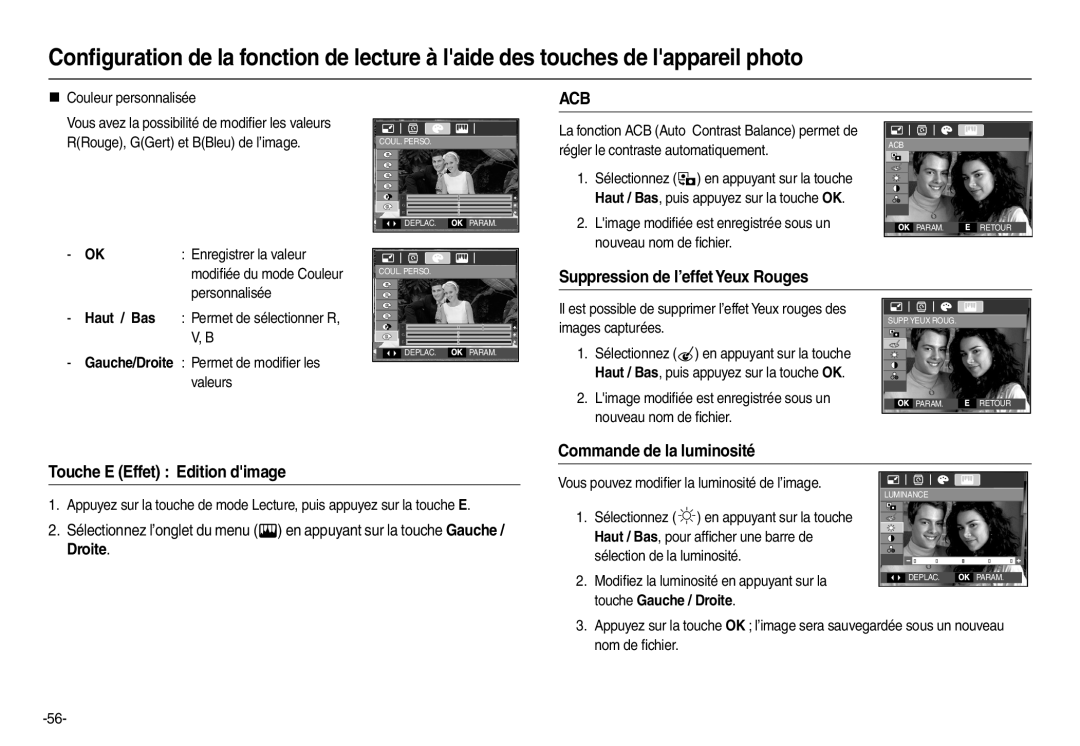 Samsung EC-L100ZPBA/FR Acb, Suppression de l’effet Yeux Rouges, Commande de la luminosité Touche E Effet Edition dimage 