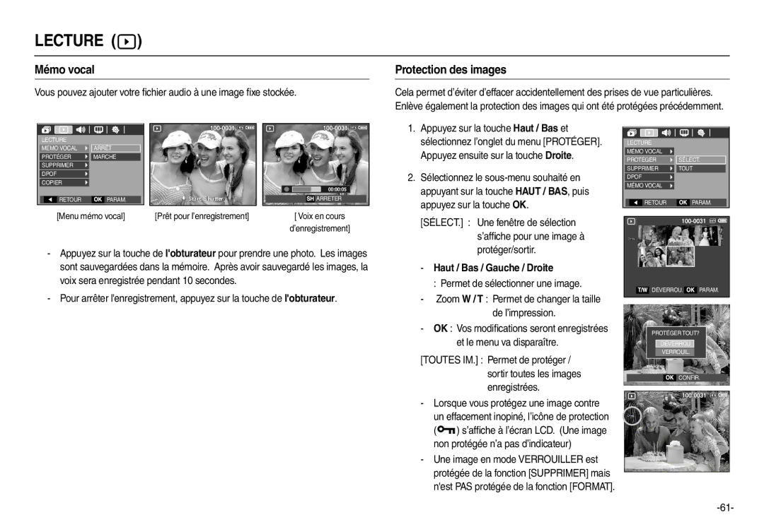 Samsung EC-L100ZBDA/E3, EC-L100ZUDA/E3, EC-L100ZSFA/FR manual Mémo vocal, Protection des images, Haut / Bas / Gauche / Droite 