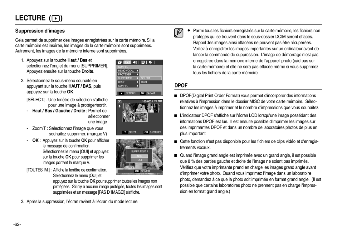 Samsung EC-L100ZUBA/E2, EC-L100ZUDA/E3, EC-L100ZSFA/FR, EC-L100ZBDA/E3, EC-L100ZBBA/FR manual Suppression d’images, Dpof 