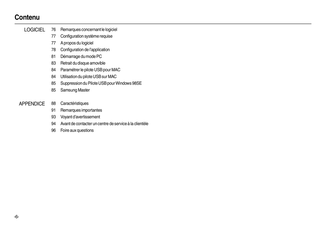 Samsung EC-L100ZSBA/E2, EC-L100ZUDA/E3, EC-L100ZSFA/FR, EC-L100ZBDA/E3, EC-L100ZUBA/E2, EC-L100ZBBA/FR, EC-L100ZBFA/FR Contenu 