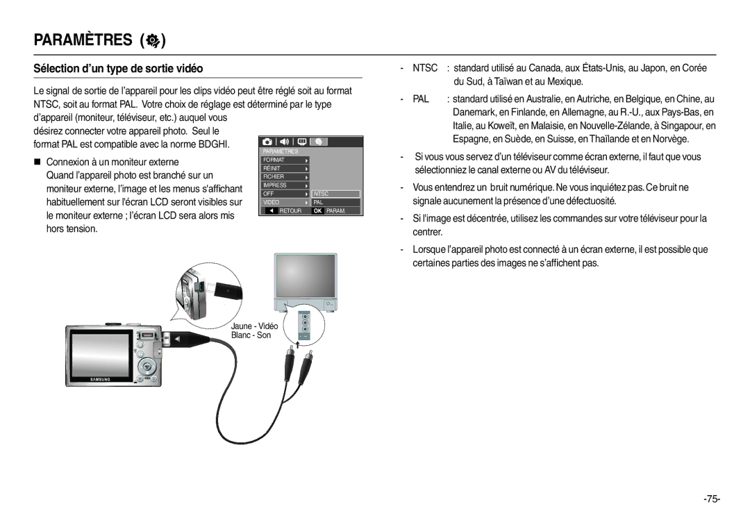 Samsung EC-L100ZRBA/FR, EC-L100ZUDA/E3 manual Sélection d’un type de sortie vidéo, Ntsc, Du Sud, à Taïwan et au Mexique, Pal 