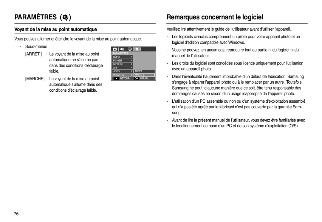 Samsung EC-L100ZPBA/FR, EC-L100ZUDA/E3 manual Remarques concernant le logiciel, Voyant de la mise au point automatique 