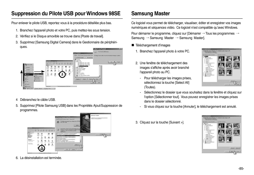 Samsung EC-L100ZUBA/FR, EC-L100ZUDA/E3, EC-L100ZSFA/FR manual Samsung Master, Suppression du Pilote USB pour Windows 98SE 
