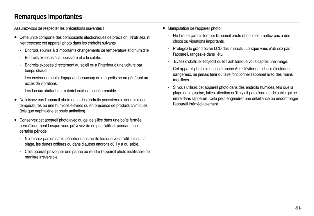 Samsung EC-L100ZUFA/FR, EC-L100ZUDA/E3 manual Remarques importantes, Assurez-vous de respecter les précautions suivantes 