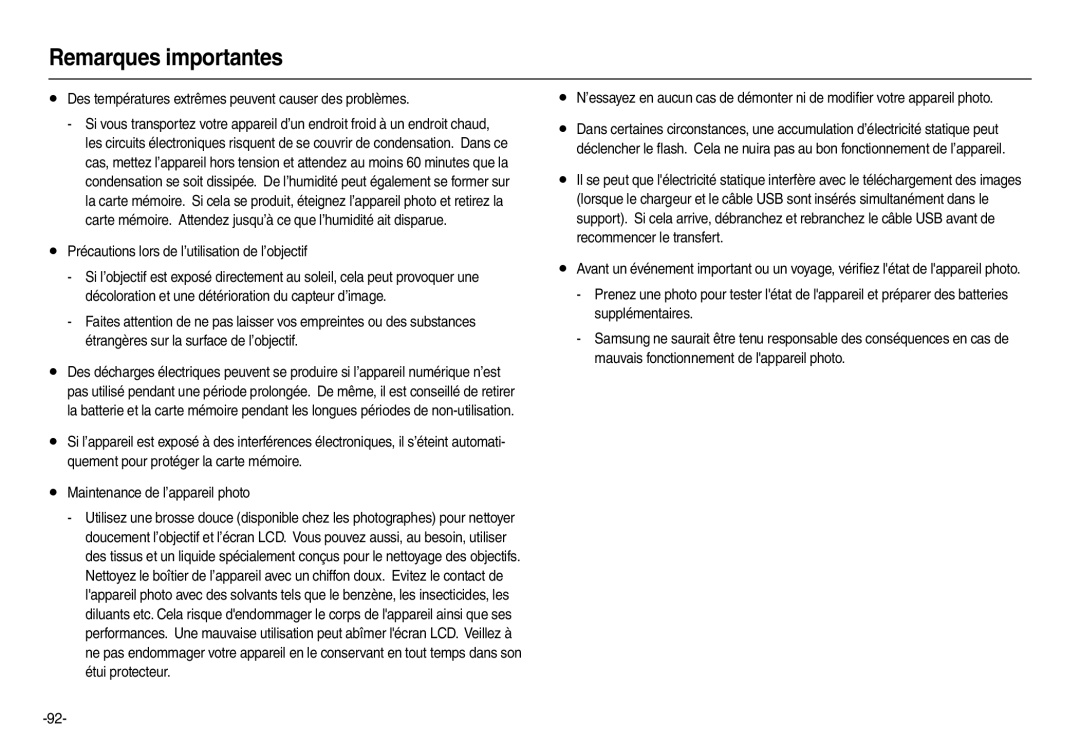 Samsung EC-L100ZRFA/FR, EC-L100ZUDA/E3, EC-L100ZSFA/FR manual Des températures extrêmes peuvent causer des problèmes 