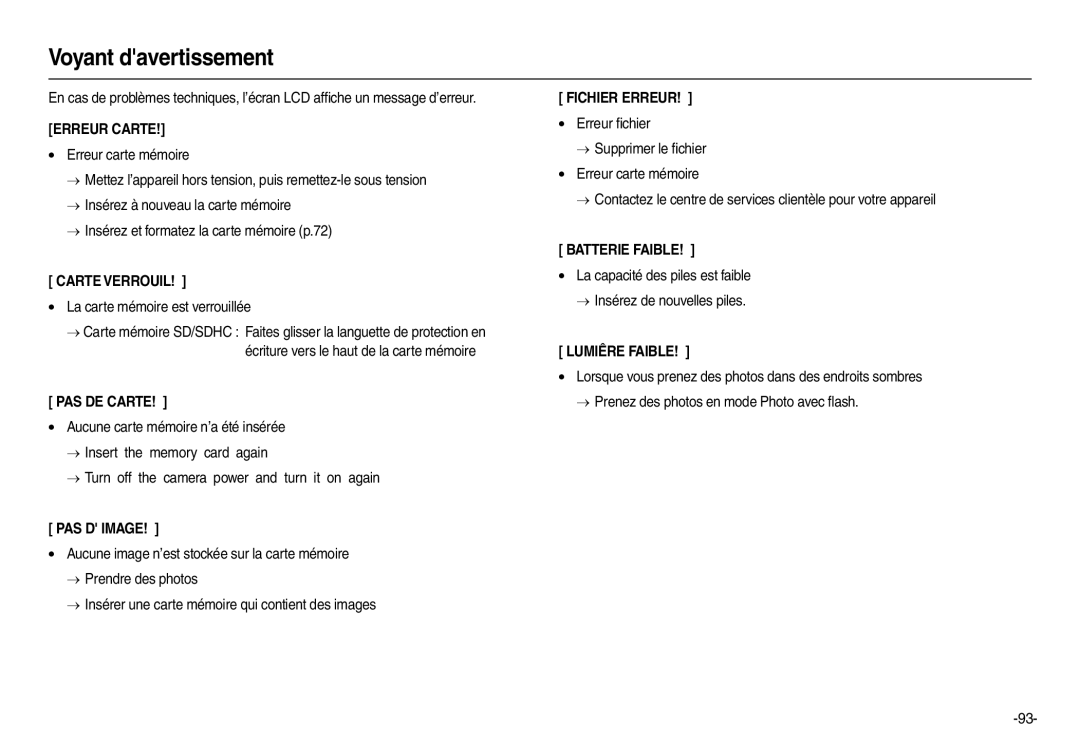 Samsung EC-L100ZPDA/E3, EC-L100ZUDA/E3, EC-L100ZSFA/FR manual Voyant davertissement, La carte mémoire est verrouillée 