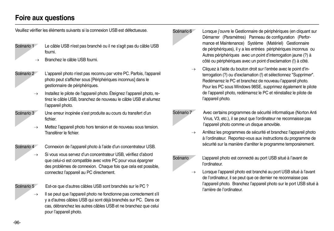 Samsung EC-L100ZPBA/FR, EC-L100ZUDA/E3, EC-L100ZSFA/FR, EC-L100ZBDA/E3 manual Foire aux questions, Scénario, ’ordinateur 