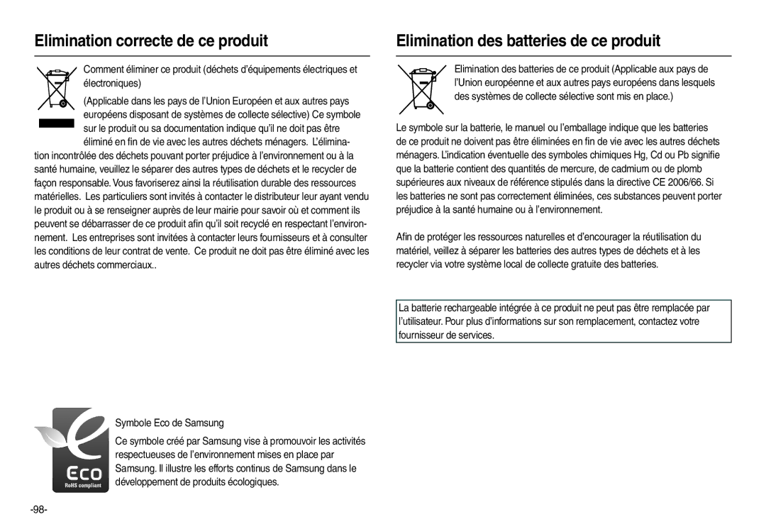 Samsung EC-L100ZBBA/E2 Elimination correcte de ce produit, Elimination des batteries de ce produit, Symbole Eco de Samsung 