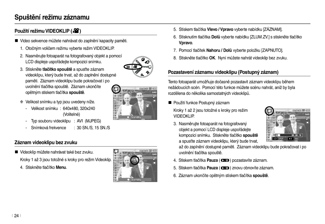 Samsung EC-L110ZRDA/E3, EC-L110ZBDA/E3 manual Použití režimu Videoklip, Záznam videoklipu bez zvuku, AVI Mjpeg, Vpravo 