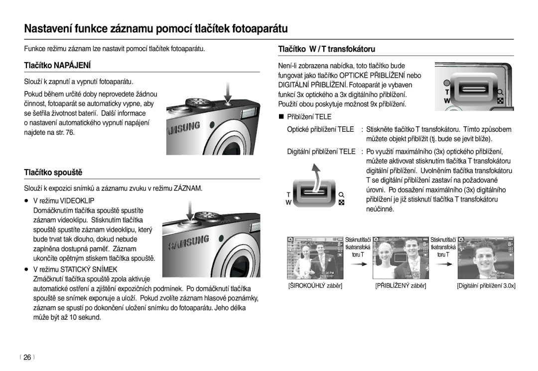 Samsung EC-L110ZBHA/E3 manual Nastavení funkce záznamu pomocí tlačítek fotoaparátu, Tlačítko Napájení, Tlačítko spouště 