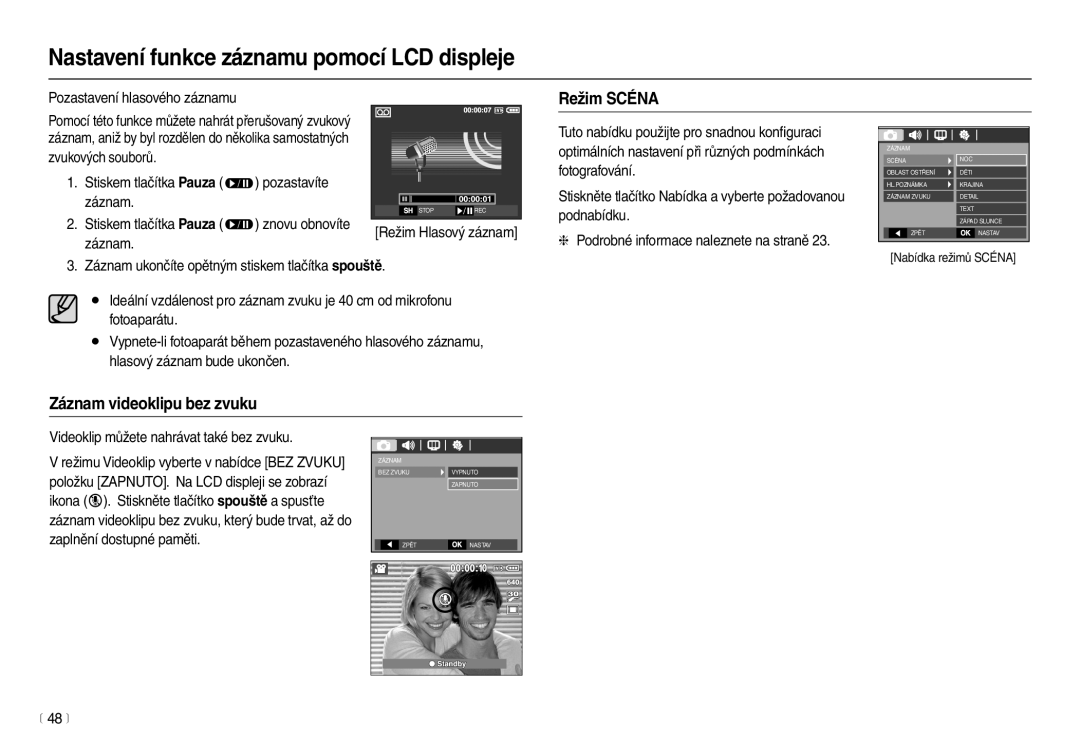 Samsung EC-L110ZRDA/E3 manual Režim Scéna, Pozastavení hlasového záznamu, Videoklip můžete nahrávat také bez zvuku, 48 m 