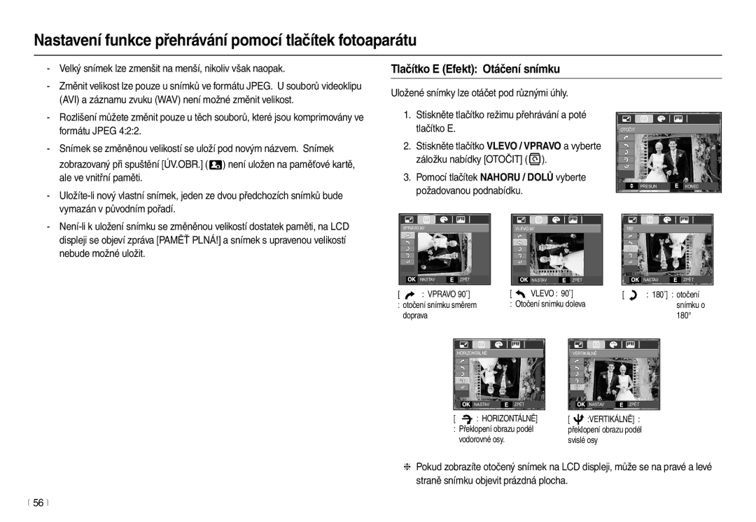 Samsung EC-L110ZBHA/E3, EC-L110ZBDA/E3, EC-L110ZRDA/E3, EC-L110ZSDA/E3, EC-L110ZSHA/E3 manual Tlačítko E Efekt Otáčení snímku 