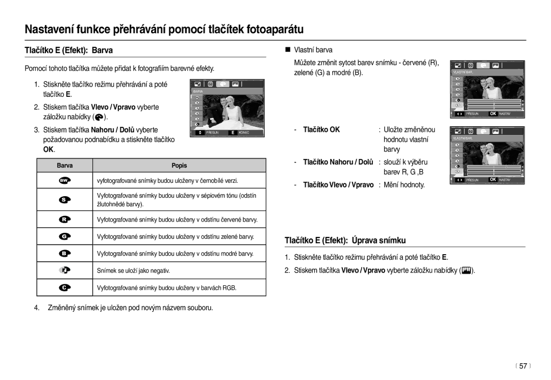 Samsung EC-L110ZSHA/E3, EC-L110ZBDA/E3, EC-L110ZRDA/E3, EC-L110ZSDA/E3, EC-L110ZBHA/E3 manual Tlačítko E Efekt Úprava snímku 