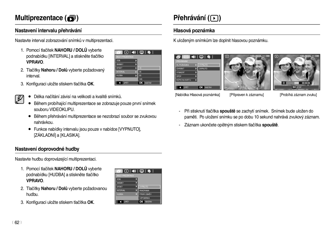 Samsung EC-L110ZBHA/E3 manual Přehrávání , Nastavení intervalu přehrávání, Hlasová poznámka, Nastavení doprovodné hudby 