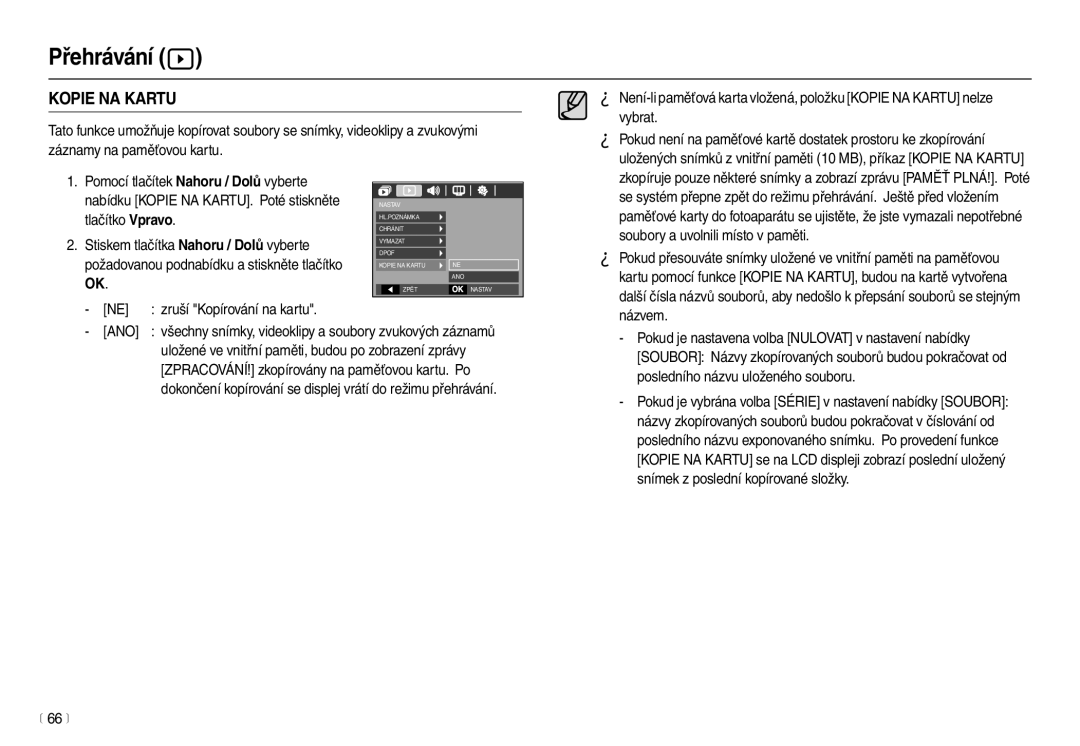 Samsung EC-L110ZRDA/E3 manual Zruší Kopírování na kartu, Uložené ve vnitřní paměti, budou po zobrazení zprávy, 66 m 