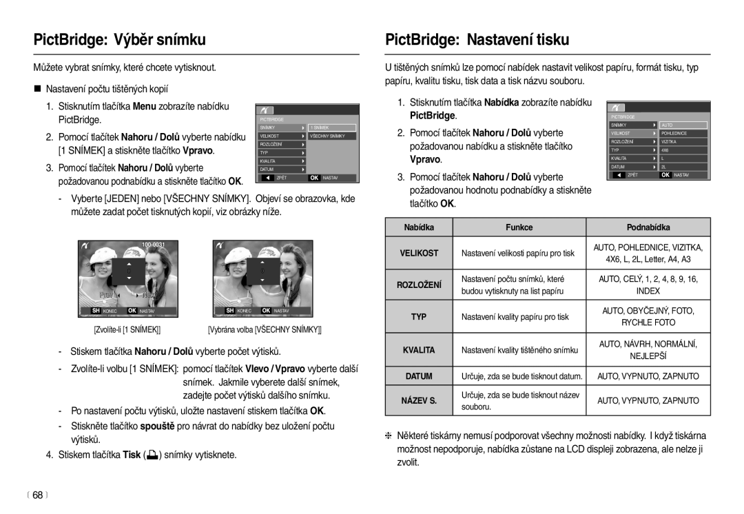 Samsung EC-L110ZBHA/E3 PictBridge Výběr snímku PictBridge Nastavení tisku, Můžete vybrat snímky, které chcete vytisknout 