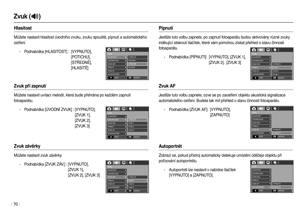 Samsung EC-L110ZRHA/E3 manual Zvuk při zapnutí Zvuk AF, Zvuk závěrky Autoportrét, Můžete nastavit zvuk závěrky, 70 m 