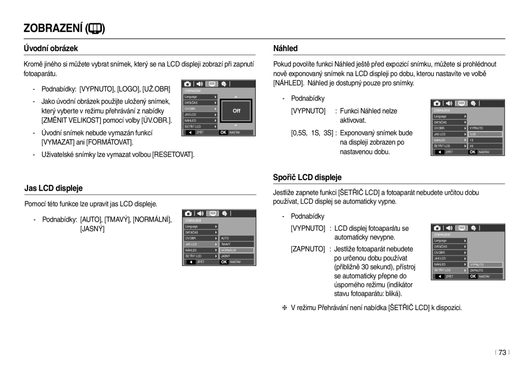 Samsung EC-L110ZSDA/E3, EC-L110ZBDA/E3, EC-L110ZRDA/E3 manual Úvodní obrázek, Náhled, Jas LCD displeje Spořič LCD displeje 