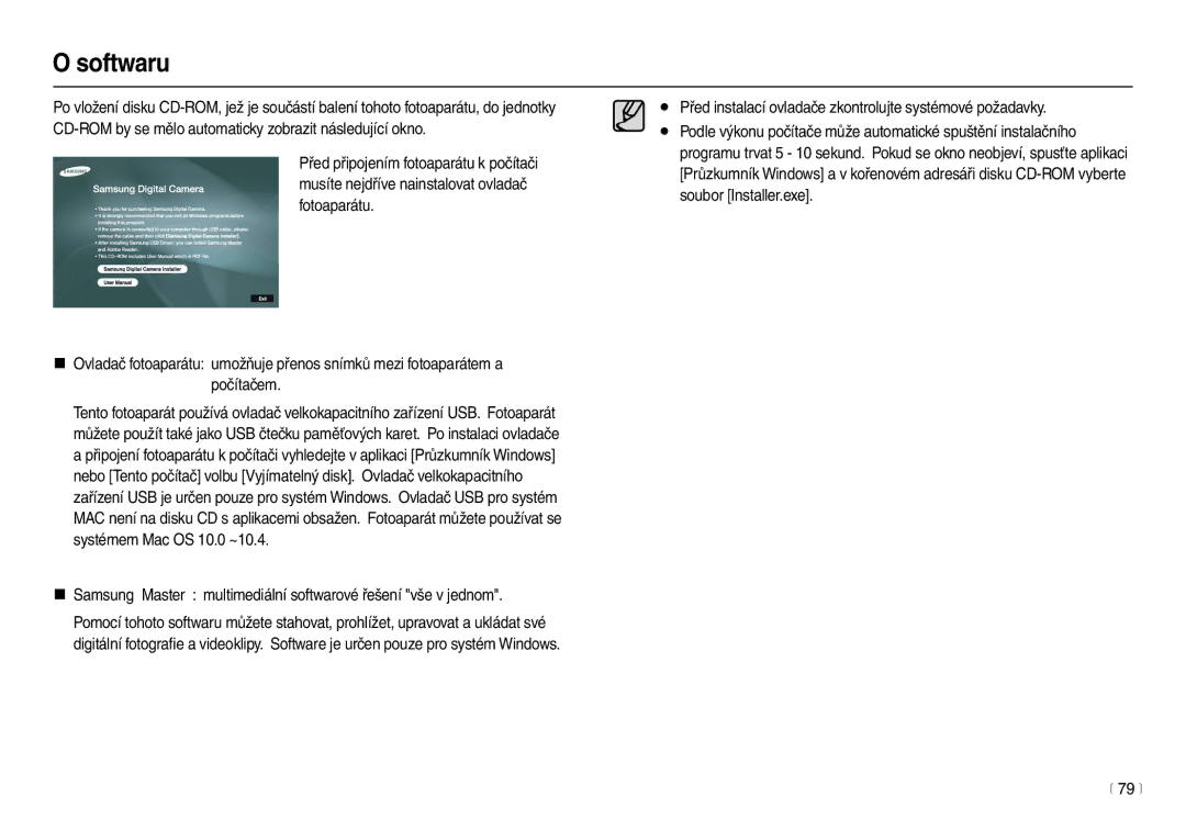 Samsung EC-L110ZSDA/E3, EC-L110ZBDA/E3 manual Softwaru, Před instalací ovladače zkontrolujte systémové požadavky, 79 m 