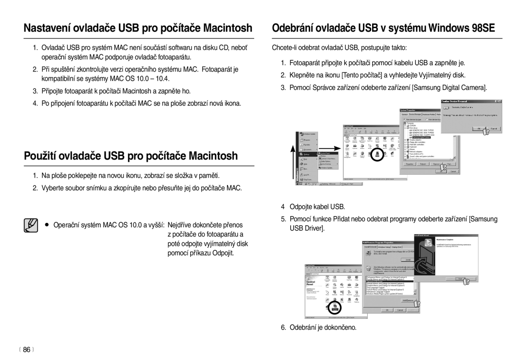 Samsung EC-L110ZBHA/E3 manual Použití ovladače USB pro počítače Macintosh, Nastavení ovladače USB pro počítače Macintosh 