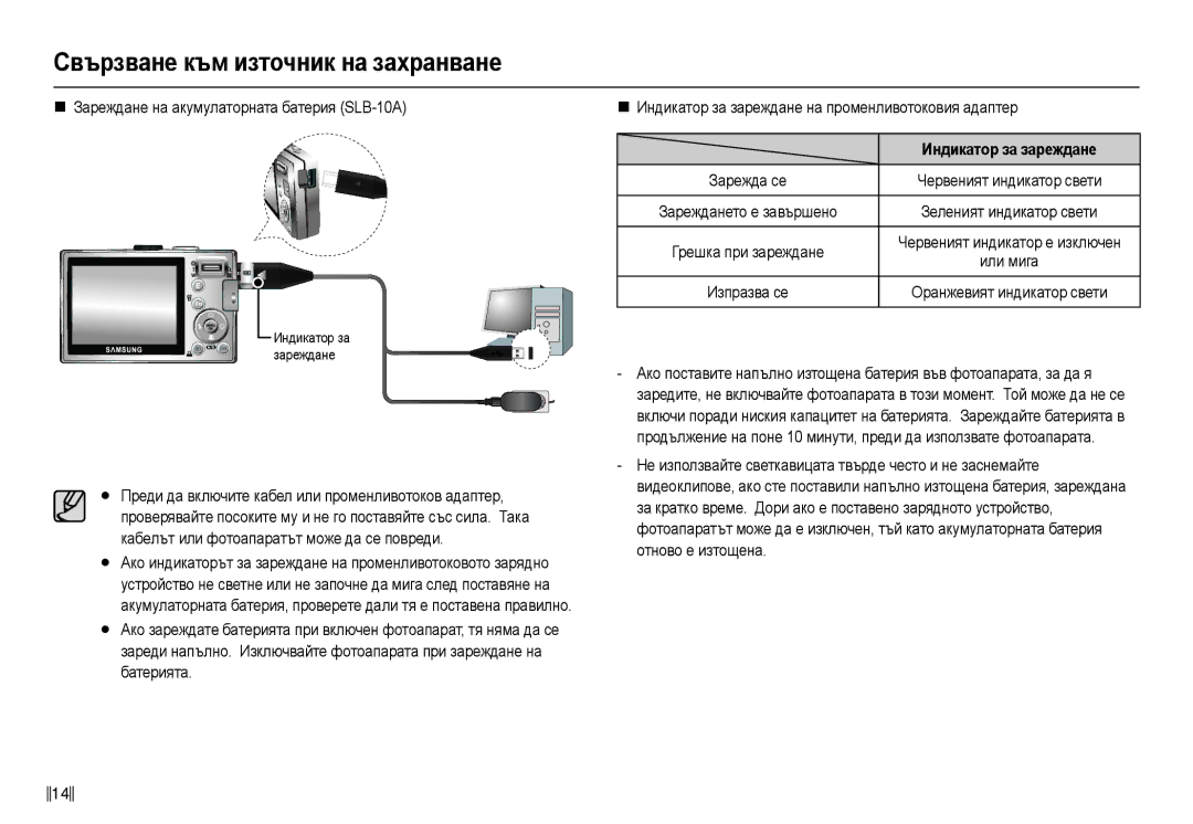 Samsung EC-L110ZSHA/E3, EC-L110ZBDA/E3 manual „ Ɂɚɪɟɠɞɚɧɟ ɧɚ ɚɤɭɦɭɥɚɬɨɪɧɚɬɚ ɛɚɬɟɪɢɹ SLB-10A, Индикɚтɨɪ ɡɚ ɡɚɪɟждɚнɟ 