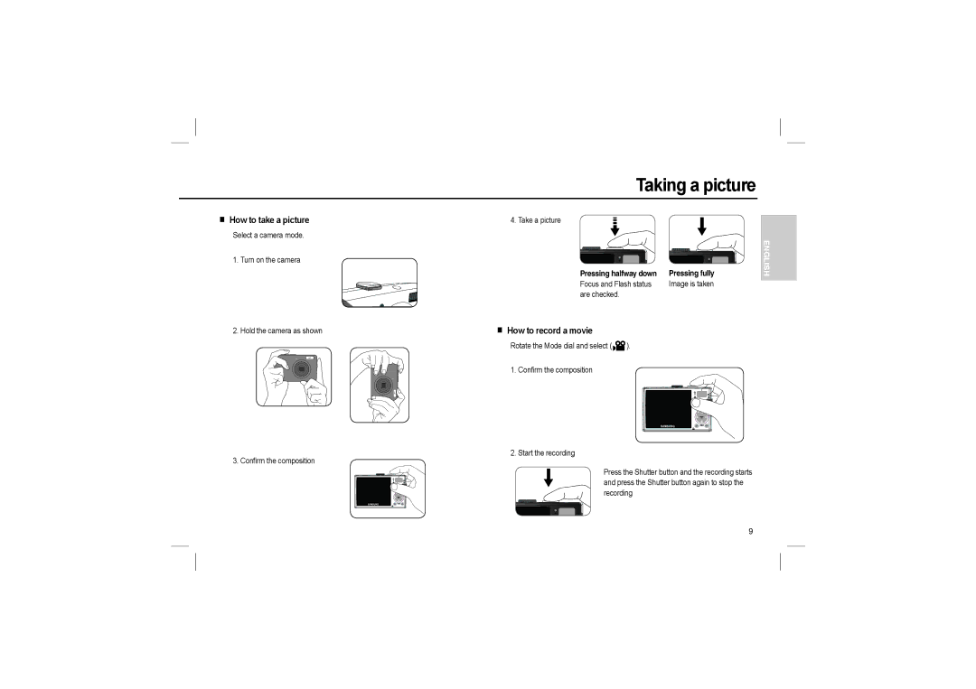 Samsung EC-L110ZRBA/FR, EC-L110ZPDA/E3 manual Taking a picture, How to take a picture, Pressing halfway down Pressing fully 