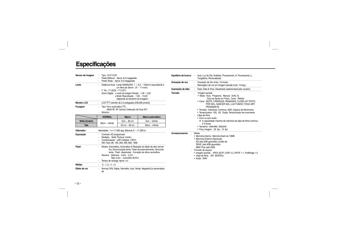 Samsung EC-L110ZUBA/AR, EC-L110ZPDA/E3, EC-L110ZSBA/FR, EC-L110ZUDA/E3, EC-L110ZBDA/E3 manual Especificações, Sensor de imagem 