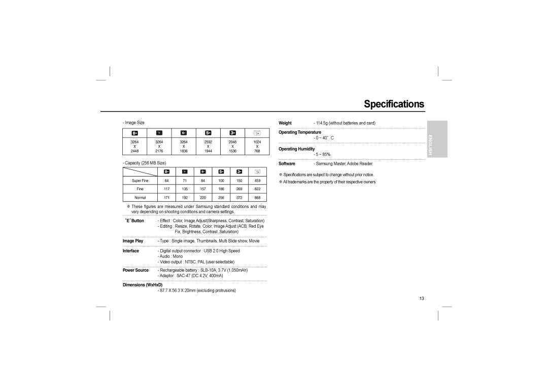 Samsung EC-L110ZPBA/FR manual EButton, Image Play, Interface, Power Source, Dimensions WxHxD, Weight, Operating Temperature 