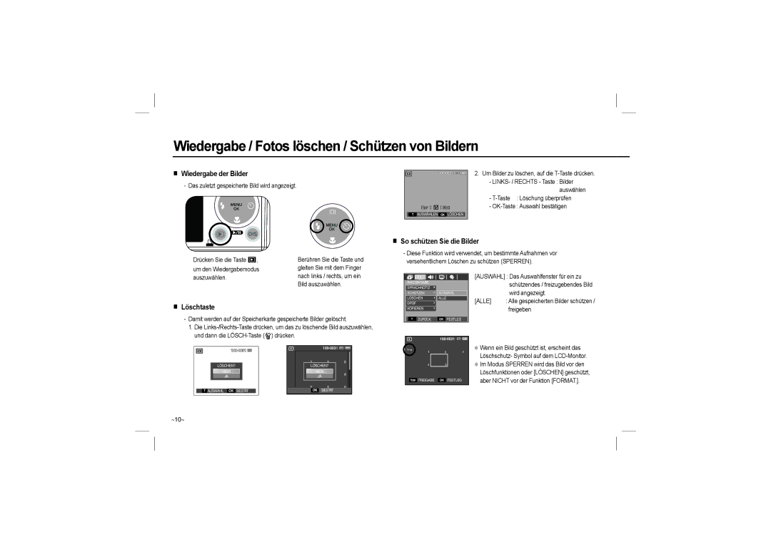 Samsung EC-L110ZBBB/IT, EC-L110ZPDA/E3, EC-L110ZSBA/FR manual Wiedergabe der Bilder, So schützen Sie die Bilder, Löschtaste 