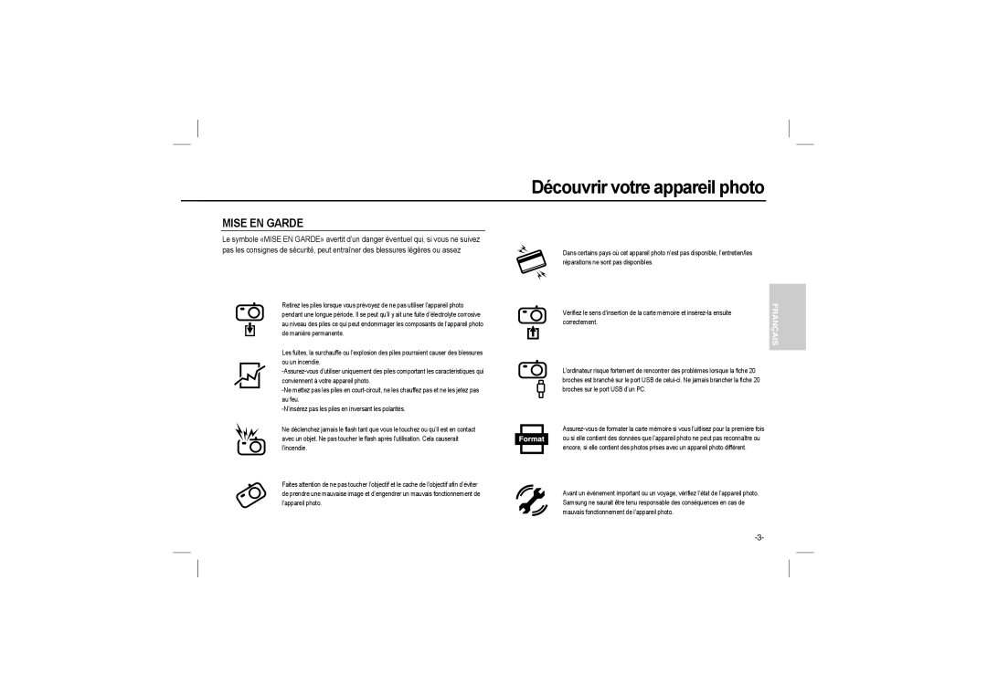 Samsung EC-L110ZPBA/IT, EC-L110ZPDA/E3, EC-L110ZSBA/FR, EC-L110ZUDA/E3, EC-L110ZBDA/E3 manual Mise EN Garde, Correctement 