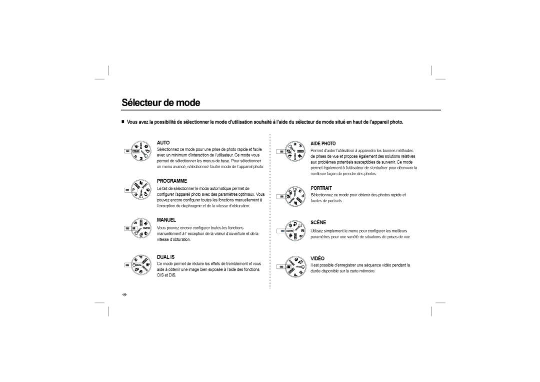 Samsung EC-L110ZUBA/GB, EC-L110ZPDA/E3, EC-L110ZSBA/FR, EC-L110ZUDA/E3, EC-L110ZBDA/E3 manual Sélecteur de mode, Programme 