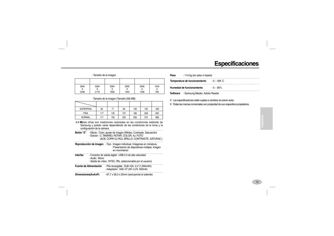 Samsung EC-L110ZSBC/E1, EC-L110ZPDA/E3 manual ACB, Corr OJ ROJ, BRILLO, CONTRASTE, Saturac, Temperatura de funcionamiento 