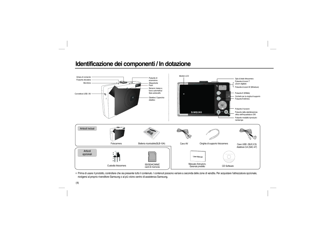 Samsung EC-L110ZPBB/AS, EC-L110ZPDA/E3, EC-L110ZSBA/FR manual Identificazione dei componenti / In dotazione, Articoli inclusi 