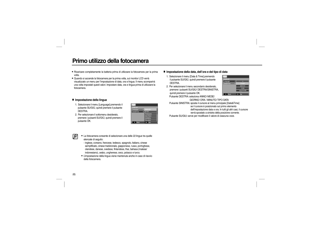 Samsung EC-L110ZPYA/CA, EC-L110ZPDA/E3, EC-L110ZSBA/FR Primo utilizzo della fotocamera, Impostazione della lingua, Destra 