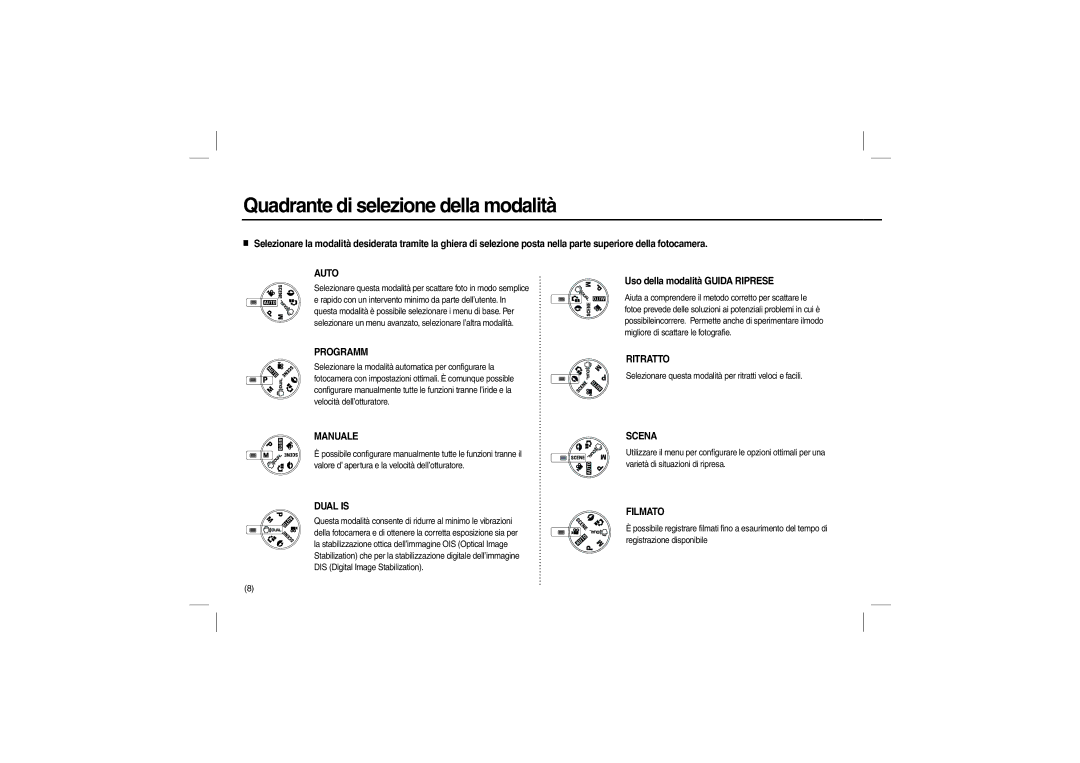 Samsung EC-L110ZSBB/AS, EC-L110ZPDA/E3, EC-L110ZBAA Quadrante di selezione della modalità, Uso della modalità Guida Riprese 