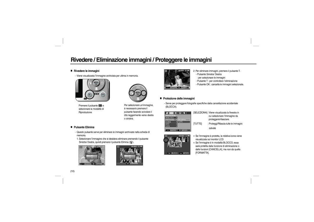 Samsung EC-L110ZUBC/E1 Rivedere / Eliminazione immagini / Proteggere le immagini, Rivedere le immagini, Pulsante Elimina 