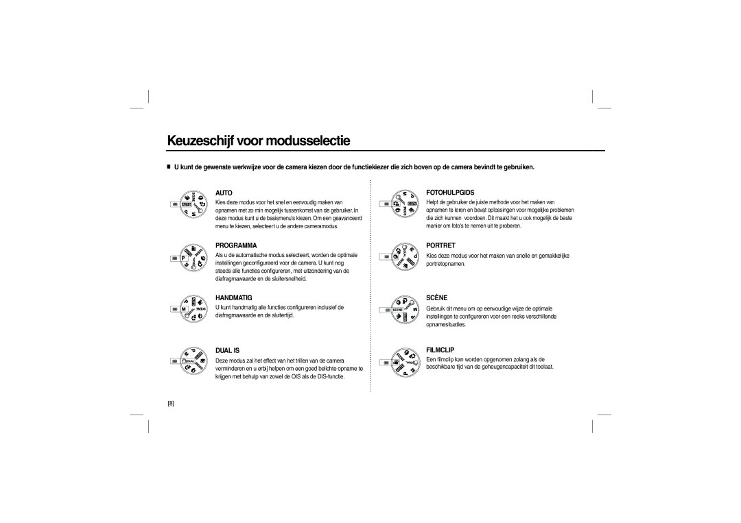 Samsung EC-L110ZUBA/TW, EC-L110ZPDA/E3, EC-L110ZSBA/FR, EC-L110ZUDA/E3, EC-L110ZBAA Keuzeschijf voor modusselectie, Programma 