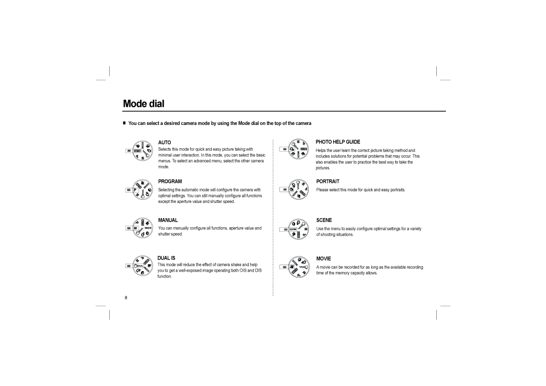 Samsung EC-L110ZRDA/E3, EC-L110ZPDA/E3, EC-L110ZSBA/FR, EC-L110ZUDA/E3, EC-L110ZBDA/E3, EC-L110ZBBA/FR manual Mode dial, Auto 