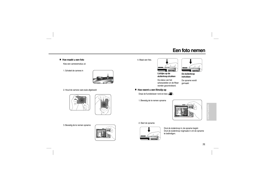 Samsung EC-L110ZBBA/RU manual Een foto nemen, Hoe maakt u een foto, Hoe neemt u een filmclip op, De sluiterknop indrukken 