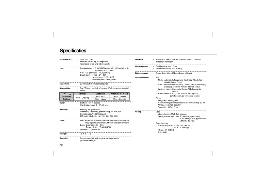 Samsung EC-L110ZBDA/HK, EC-L110ZPDA/E3, EC-L110ZSBA/FR, EC-L110ZUDA/E3, EC-L110ZBDA/E3 Specificaties, Groothoek, 50cm ~ 80cm 