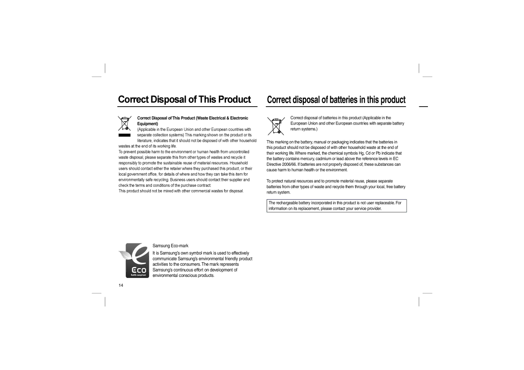 Samsung EC-L110ZPBA/E2, EC-L110ZPDA/E3, EC-L110ZSBA/FR, EC-L110ZUDA/E3, EC-L110ZBDA/E3 manual Correct Disposal of This Product 