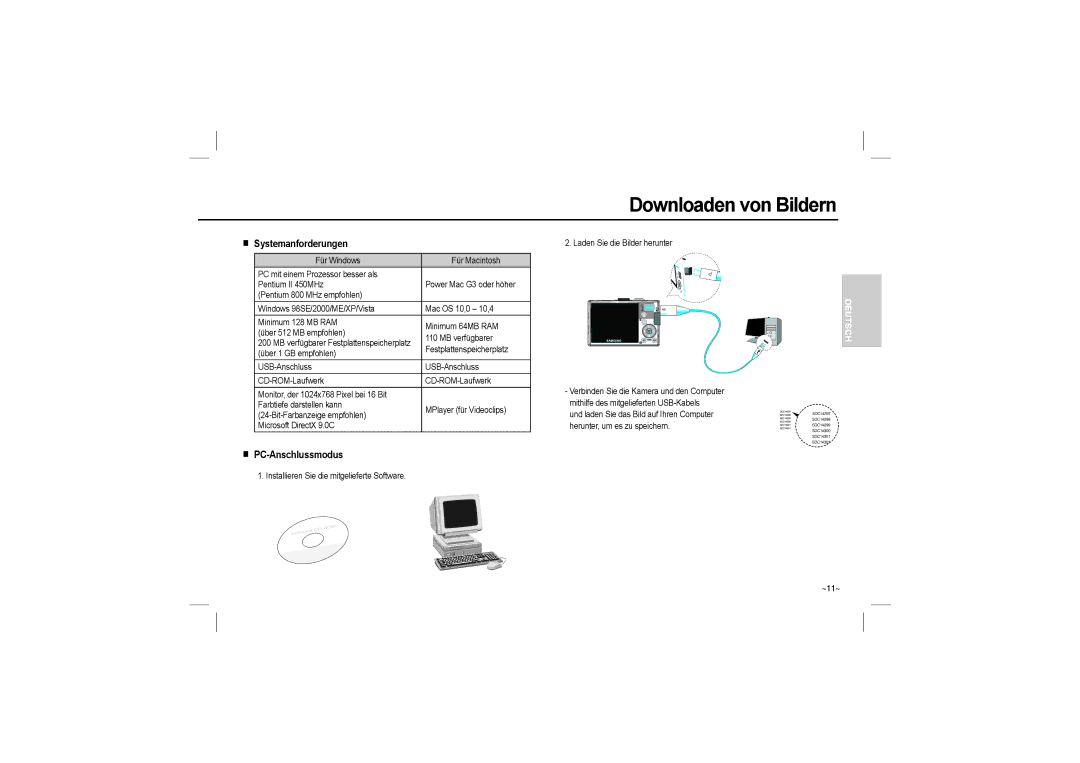 Samsung EC-L110ZSBB/IT, EC-L110ZPDA/E3, EC-L110ZSBA/FR manual Downloaden von Bildern, Systemanforderungen, PC-Anschlussmodus 