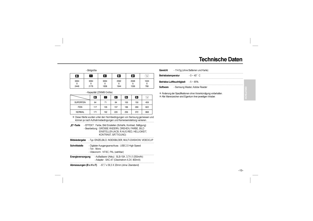 Samsung EC-L110ZPBC/E1, EC-L110ZPDA/E3 Bildgröße, Kapazität 256MB Größe, Betriebstemperatur, Betriebs-Luftfeuchtigkeit 