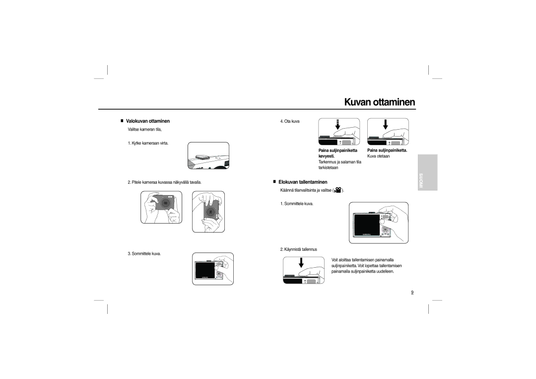 Samsung EC-L110ZSBA/AS manual Kuvan ottaminen, Valokuvan ottaminen, Elokuvan tallentaminen, Paina suljinpainiketta Kevyesti 